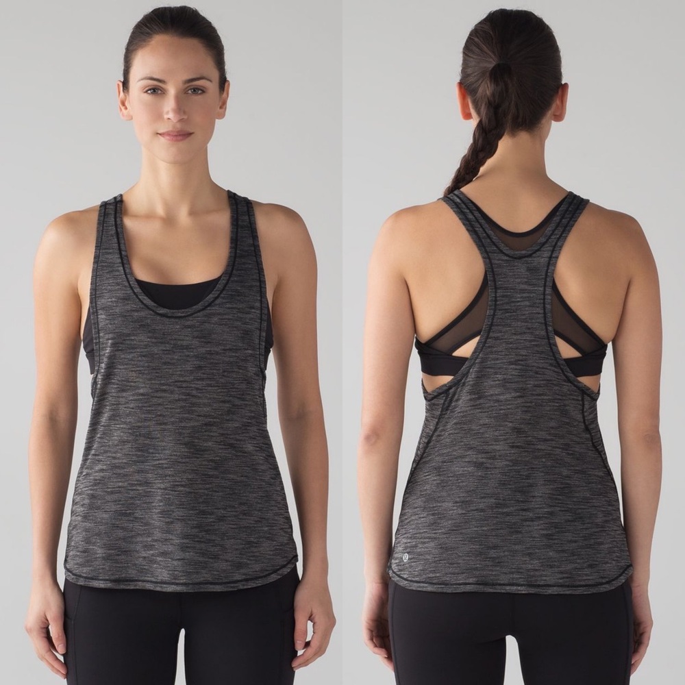 Lululemon Heathered Black Grey Strappy Mesh Tank Built in Bra Womens Size 6
